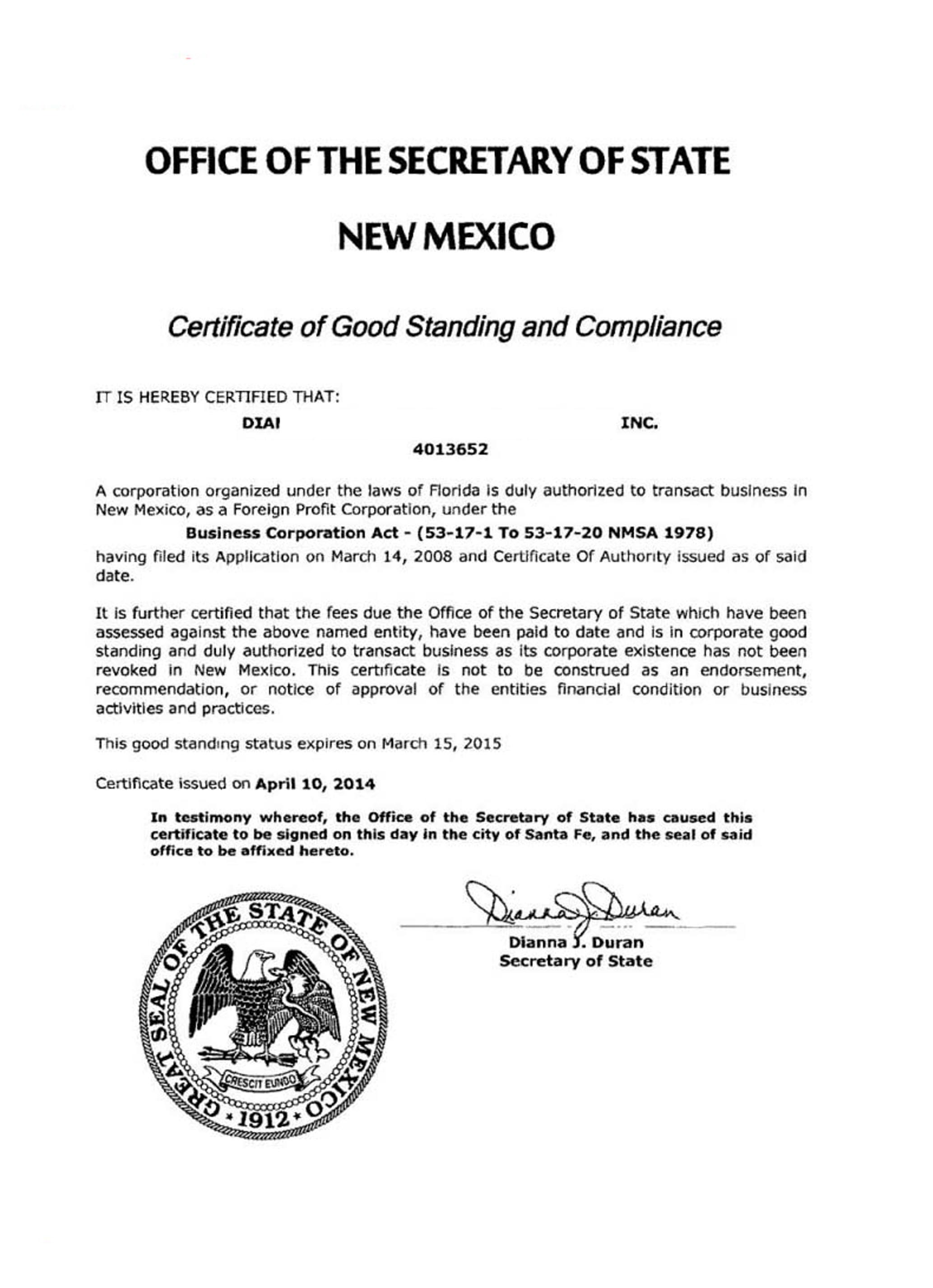 USA New Mexico certificate of good standing
